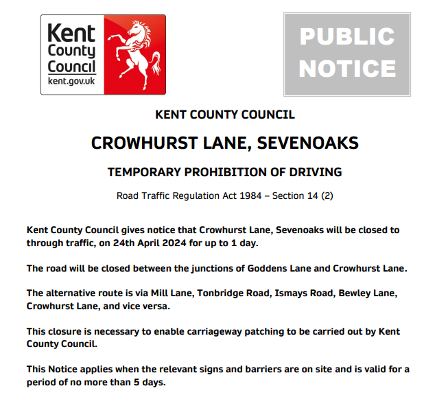 Sevenoaks, Crowhurst Lane: Will be closed on 24th April between the junctions of Goddens Cottage and Winfield Lane to enable carriageway patching to be carried out by Kent County Council.: moorl.uk/?c1w1fm