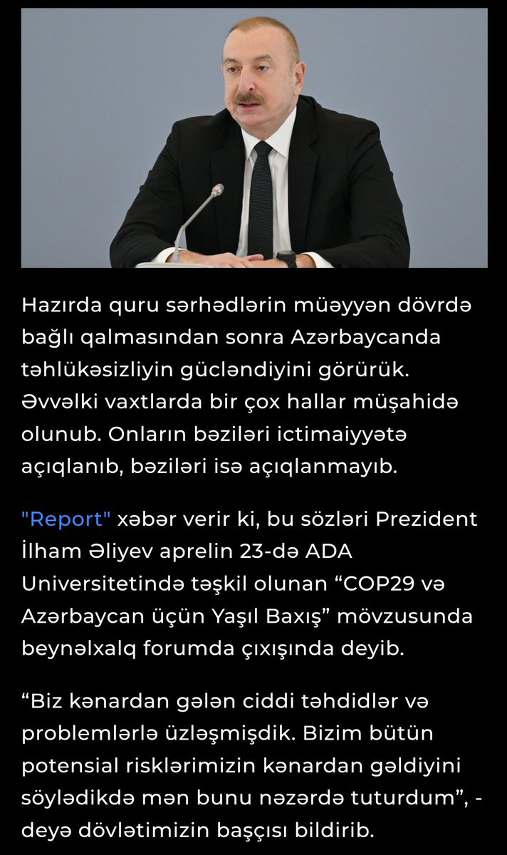 You can't make this shit up. Aliyev says that land borders being closed improved Azerbaijan's security without defining what dangers it could face. Perpetual prison.