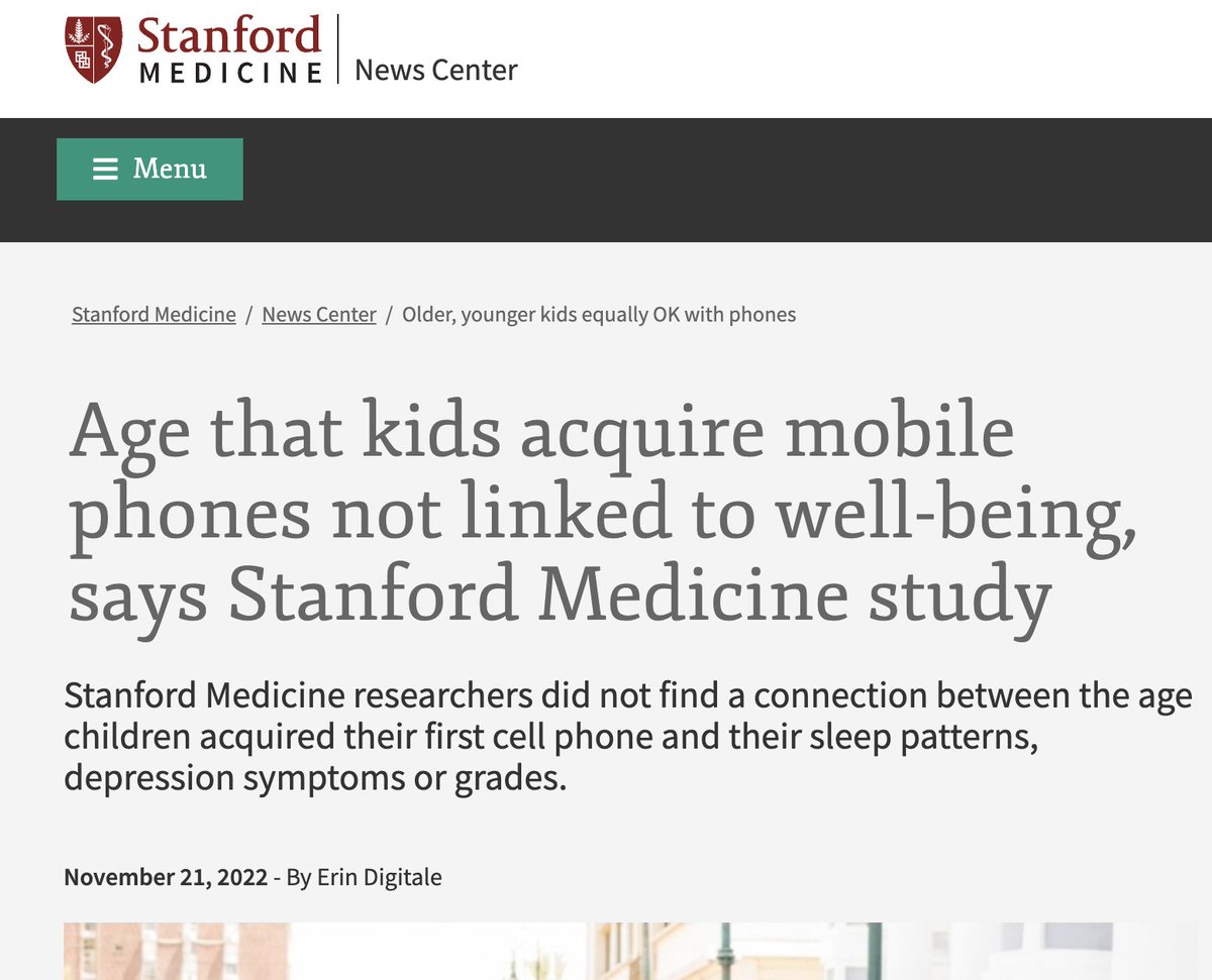 'Early phone acquisition was not linked to problems, he noted, but neither was late phone acquisition, and “if parents want to delay, we didn’t see negative effects of that, either.” med.stanford.edu/news/all-news/…