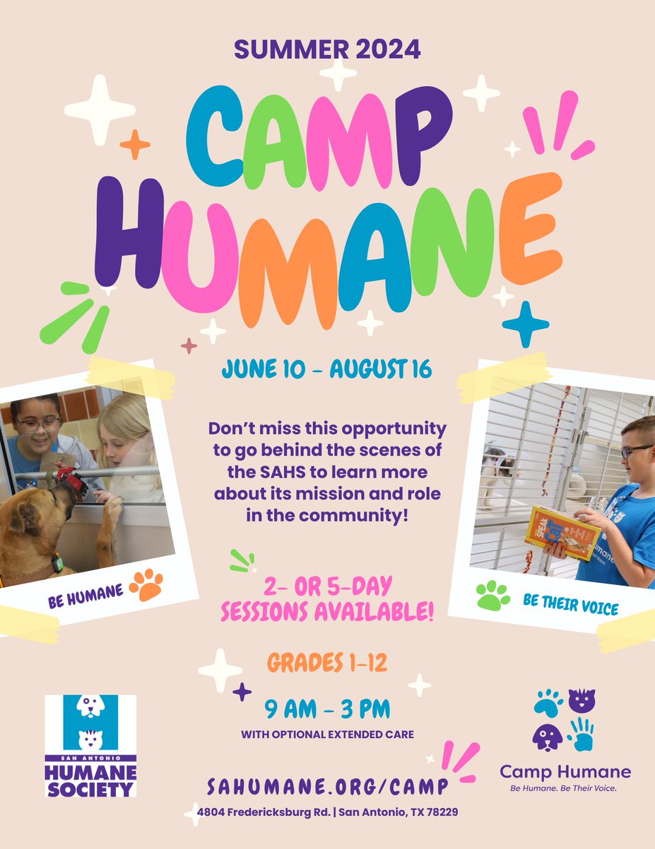 Don't miss out on our Summer Camp Humane for grades 1-12. 😃 The place for animal loving kids to learn about pets! Sign up while we still have openings - SAhumane.org/summercamp 🐕🐈! #sanantonio #summercamp #camphumane