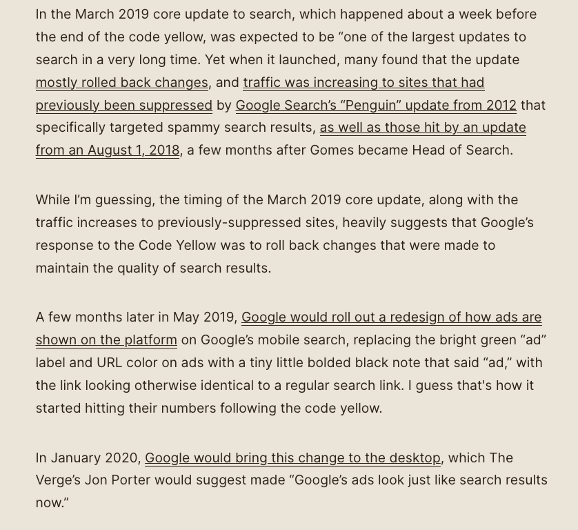 edzitron's tweet image. I believe the changes from the code yellow rolled back anti-spam protections from 2012 and 2018, and deliberately made ads harder to distinguish from regular results. Five months later, former head of ads Prabhakar Raghavan would be made head of search.
wheresyoured.at/the-men-who-ki…