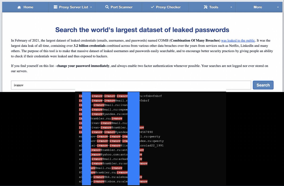 Leaked passwords database search tool Search by 3,2 billions leaked credentials by: - email - nickname - password (you can also try searching by mobile number, as some people use it as a password) proxynova.com/tools/comb/ Tip by @SaltinDeadsec