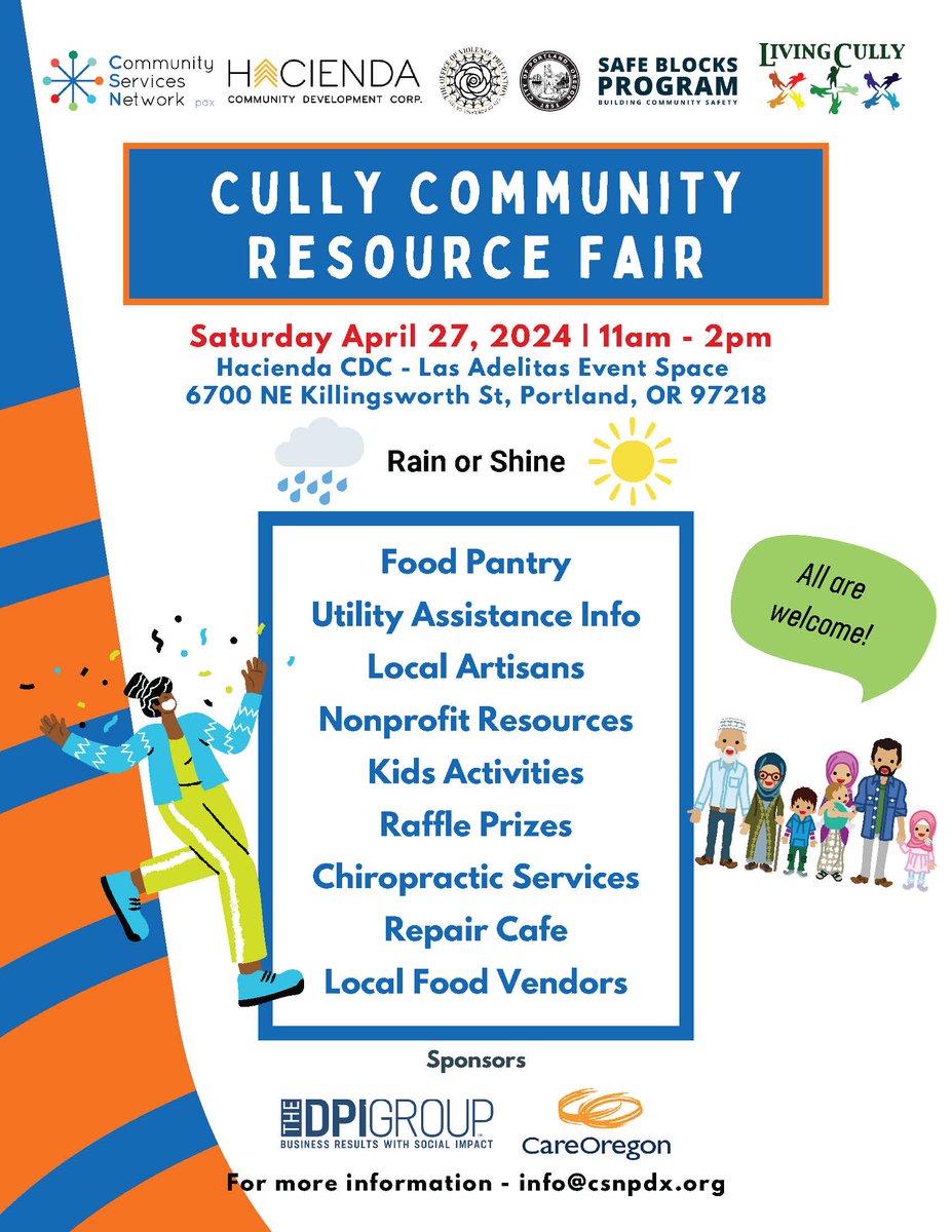 The Office of Violence Prevention’s Safe Blocks Program is hosting the Cully Community Resource Fair this Saturday! 

Join us from 11 a.m. – 2 p.m. at the Hacienda Community Development Corporation in Northeast Portland.