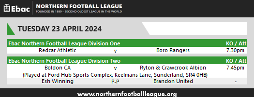 EbacNorthernLge's tweet photo. TUESDAY NIGHT FOOTBALL
Here are this evening's fixtures in the @EbacUK Northern Football League. #ENLMatchday #NorthernLeagueFamily https://t.co/BoJnMuz65A