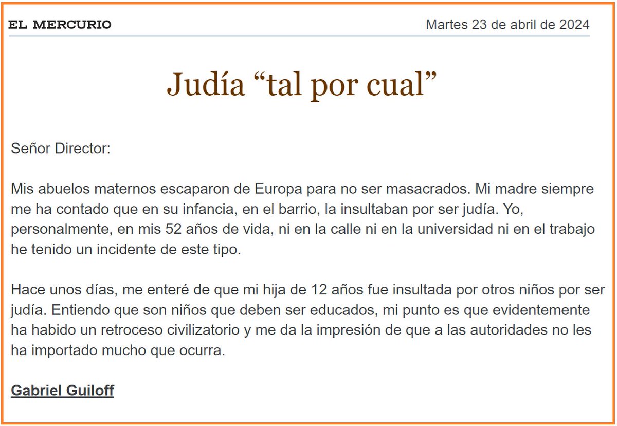 Gabriel Guiloff: 'Hace unos días me enteré que mi hija de 12 años fue insultada por otros niños por ser judía. Entiendo que son niños que deben ser educados, mi punto es que ha habido un retroceso civilizatorio y me da la impresión que a las autoridades no les importa que ocurra'