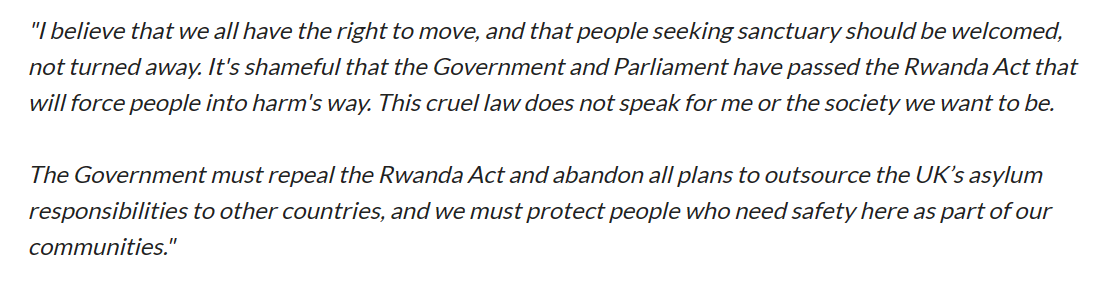 The Government’s shameful Rwanda Bill – which will see people seeking sanctuary forced onto planes to Rwanda – is becoming law. Flights could start taking off imminently. 

Take action to show solidarity with people at risk. #NotRwandaNotAnywhere

➡️bit.ly/4aJm3TZ