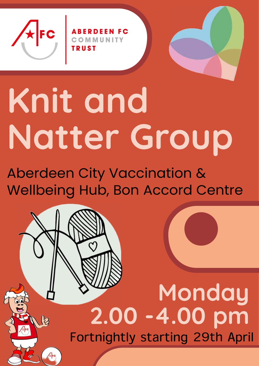 Starting next Monday 29th April from 2.00-4.00pm in the Aberdeen Vaccination & Wellbeing Hub, Bon Accord Knit & Natter Group run by Aberdeen Football Club Community Trust. Bring your own knitting/crocheting and join the group for cuppa. @AFCCT @NHSGrampian @HSCAberdeen