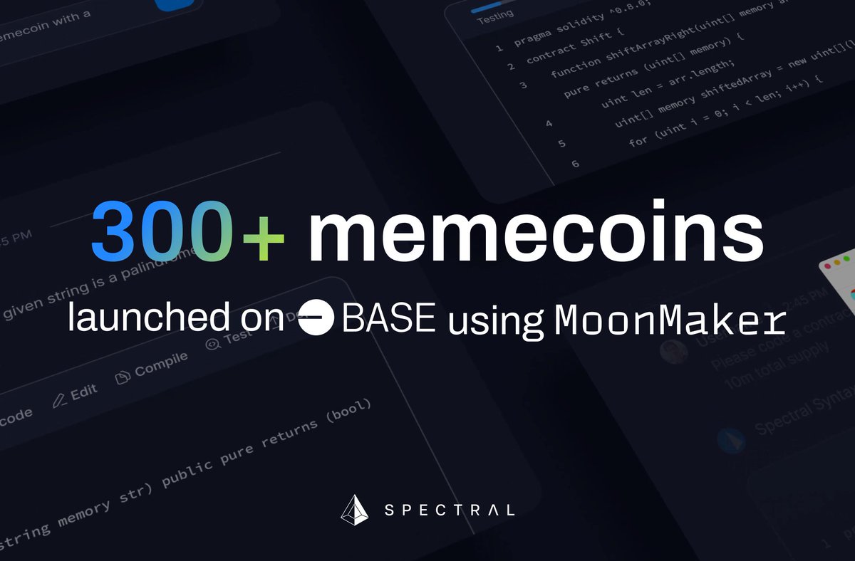 Spectral_Labs's tweet photo. 🚀 Over 300 meme coins have launched on @base  using #MoonMaker!

Don't miss out— launch your meme coin and join the Spectral Showdown Competition today. Win big on your creativity! 🌟 https://t.co/V9sEPsOgs5