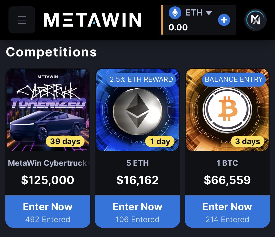 Giveaway! 👀 24 hours until our 5 $ETH competition draws on metawin.com! We are giving away $100 in $ETH so somebody a chance to win! Drop your $ETH address below to enter 👇