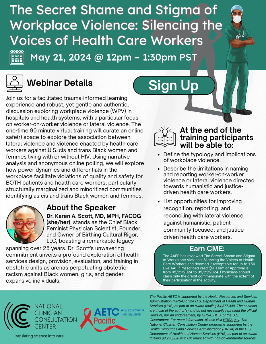 We're excited to share our latest webinar in partnership with the @Pacific_AETC and speaker @RJEpiOBWarrior! This training will explore #workplaceviolence in health systems and center the experiences of Black women in the U.S. 
Register today! bit.ly/3Ut4lyb (#NMHM)