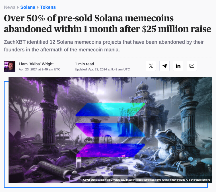 ICYMI: Over 50% of pre-sold Solana memecoins abandoned within 1 month after $25 million raise Read the full article 👇