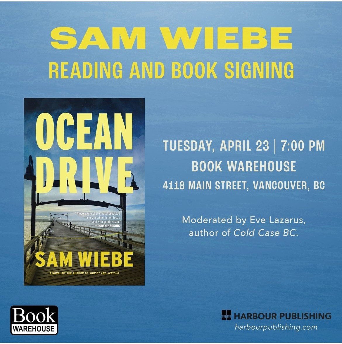 evelazarus's tweet photo. Obsessed with crime? So are we! Join @Sam_Wiebe and I tonight for a behind-the-scenes look at Sam's new book @book_warehouse. We'll chat about #mysteryfiction vs #truecrime, gangs, police & anything else we can think of #readlocalbc #coldcasebc #truecrimebooks #coldcasevancouver https://t.co/5BllEk2xCm