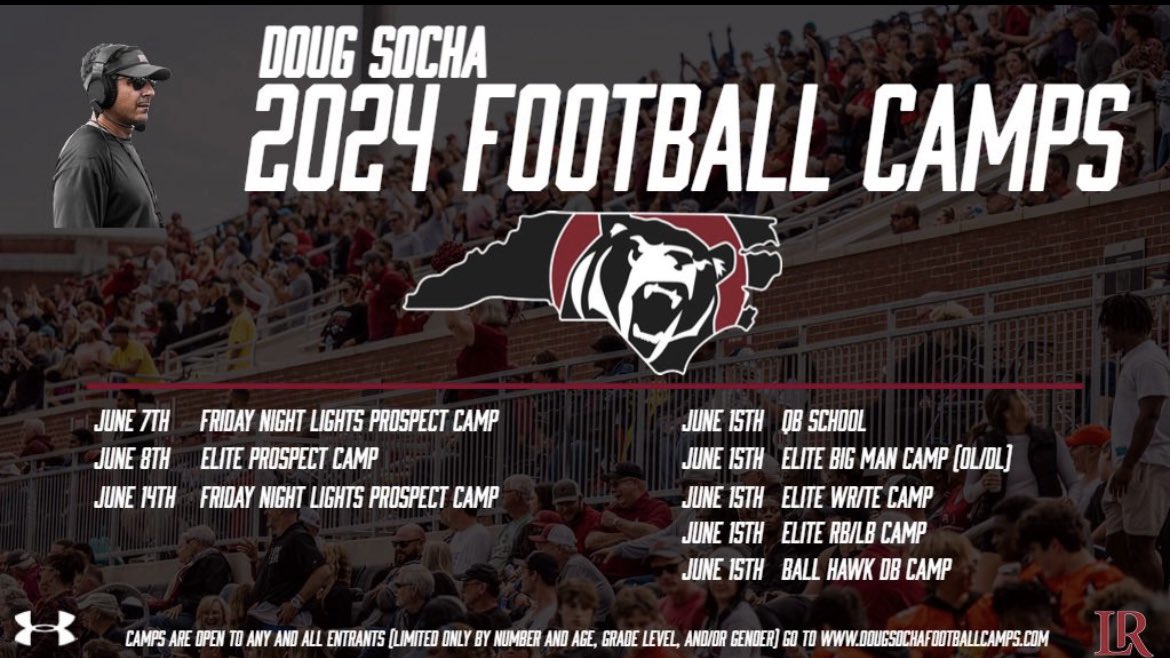 Almost that time ⛺️. Camp season is slowly approaching…. Make sure you pre-register! dougsochafootballcamps.com