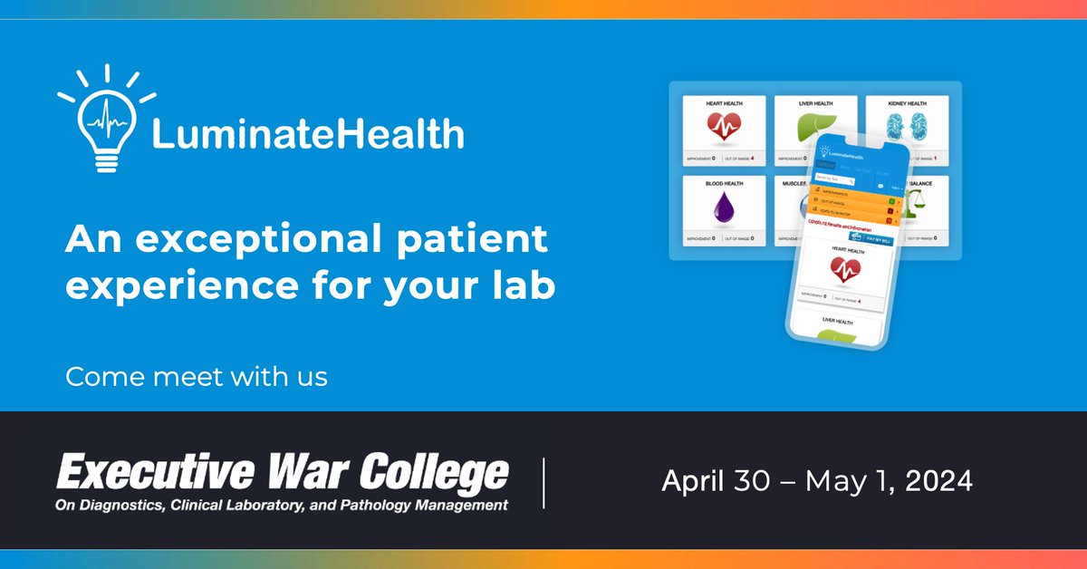 We’re excited to be a sponsor again at next week’s #ExecutiveWarCollege conference on diagnostics, clinical lab & pathology mgmt. Get in touch with us or come talk to us about how we power #patientengagement, #populationhealth & more for #ClinicalLabs and #HealthSystems. #EWC2024