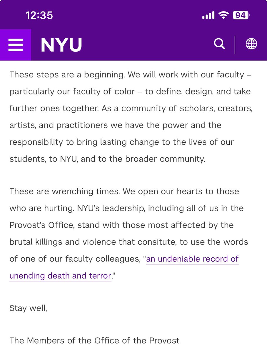 in 2020 NYU tried to do some institutional accounting about the “unending death and terror” of police brutality by, among other things, hiring more faculty of color. last night, the very same leaders asked the NYPD to arrest those very same faculty!