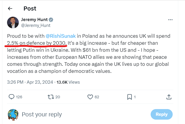 @RishiSunak Sunak
'I'm increasing military spending to 2.5% of GDP'

UTTER BOLLOCKS
All he's done is 'pledged' it to rise to 2.5% by 2030 & by that time he would've been in his lovely new job in the States for over 5 years..
#NeverTrustATory