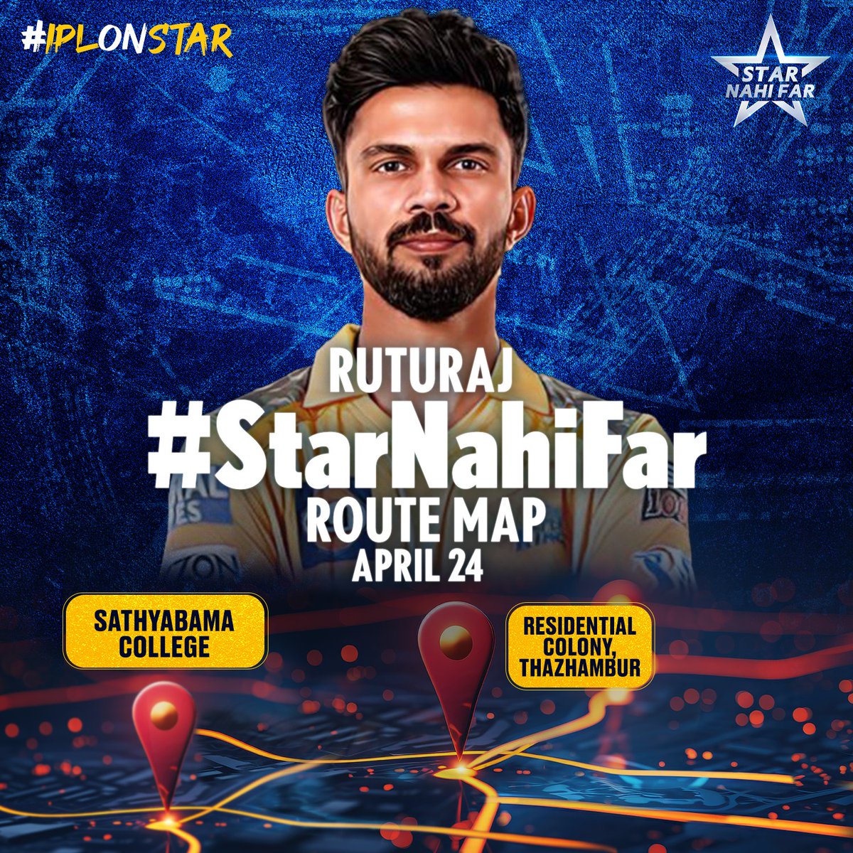 #Chennai, get ready to show some #Yellove for your captain! 💛🙌

@Ruutu1331 will be in your city TOMORROW, visiting these places and meeting fans as part of #StarNahiFar - an initiative by Star Sports to bring fans & stars closer! ⭐

But before that, watch him lead his troops…