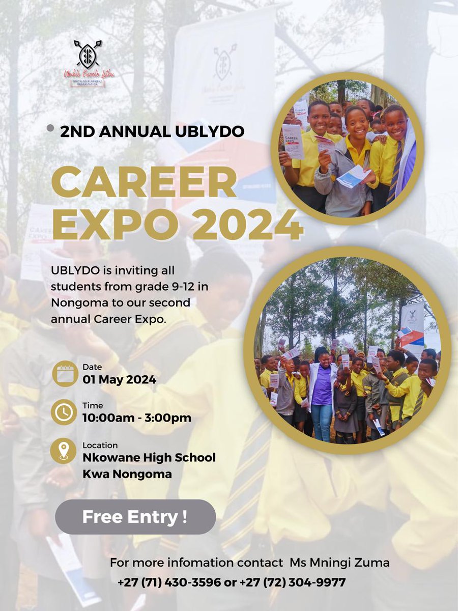 We will be hosting a Career Expo! Simema abafundi nabafisa ukuyofunda ezikhungweni zokufunda  eziphakeme. Sizobe sihanjelwe izikhungu ezahlukene! Don't miss this opportunity!

#UBLYDO
#CareerExpo
#IsizweEsinobuhlakani