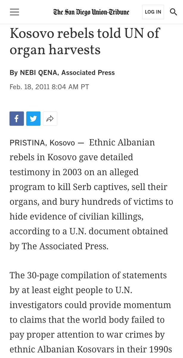 KLA whistleblowers gave statements of KLA organ harvest Operations and U.N. authorities briefly investigated organ harvesting claims in 2004 but never launched a full-fledged probe, prompting Serb accusations of double standards in pursuing war crimes. sandiegouniontribune.com/sdut-kosovo-re…