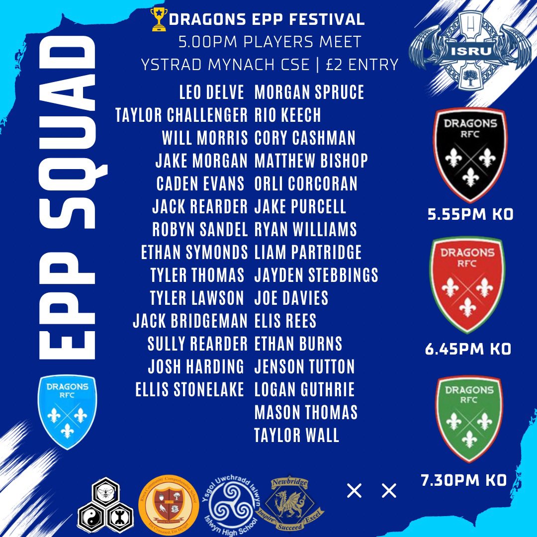 ISRU15s's tweet photo. 𝐈𝐬𝐥𝐰𝐲𝐧 𝐔15𝐬 𝐄𝐏𝐏💥

Heres our squad to play in Wednesdays Dragons EPP Festival 🐉
Please wear Club Shorts &amp; Socks - A playing Jersey will be Provided!

⏰ 5pm Meet, 5.55pm 1st KO
🏟️ @CSEYstradMynach 
🎟️ £2 for Adults | U16s go Free

#DragonsEPP | #UppaSlwyn 💪🏼🏉 https://t.co/i31VMzIcWm