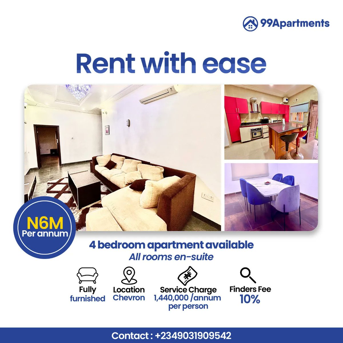 We’ve got the perfect space for you! ,🏡 Spacious 4-bedroom apartment available for rent in Chevron. 📍 (All rooms en suite) Features: ✨Fully Furnished  ✨Swimming Pool ✨Secured Estate ✨Constant electricity  ✨Parking Space ✨Children Playground Price: 6 Million per annum