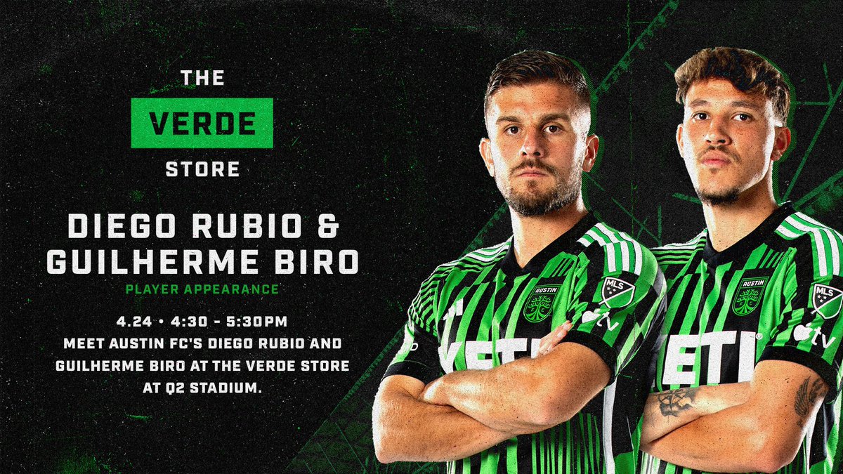 Come meet @DiegoRubio_ and Guilherme Biro at the Verde Store at @Q2Stadium, tomorrow from 4:30-5:30 PM CT!