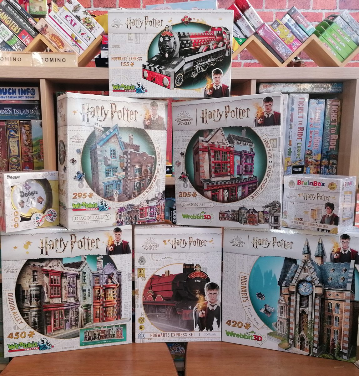These Harry Potter 3D Puzzles are fab! Build your own Diagon Alley, Ollivander's Wand Shop, Clock Tower, Hogwarts Express &amp; Quality Quidditch Supplies. We also have Harry Potter Dobble and Brainbox games in store now. #HarryPotter