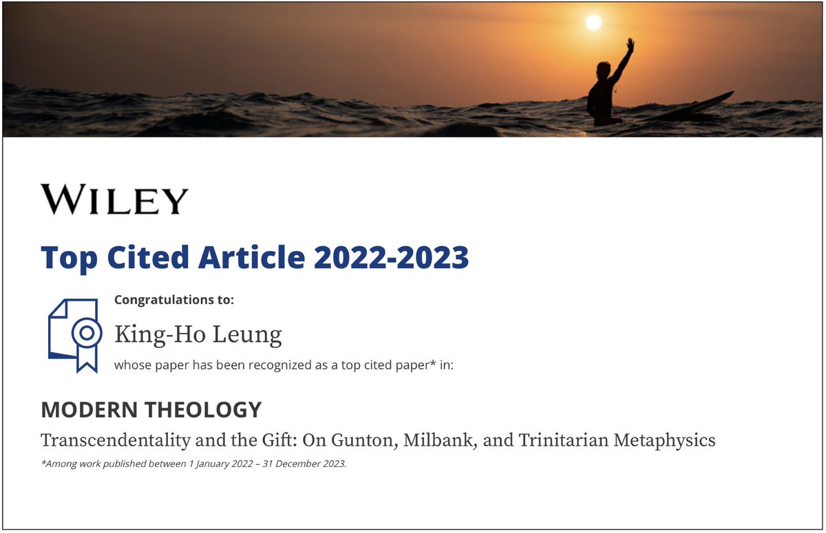 From strength to strength! Following his recent article being identified as top downloaded article at Modern Theology, another article by Dr King-Ho Leung has been identified as #TopCitedArticle of 2022–2023 in the leading journal. #EverToExcel @univofstandrews @kingholeung