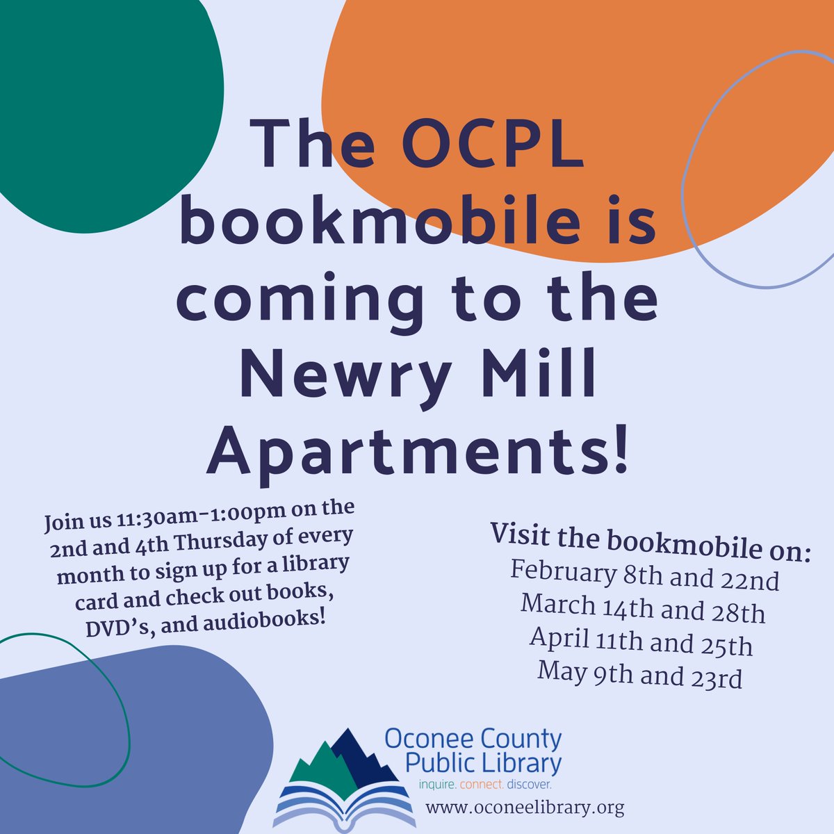 📚 Mark your calendars, the bookmobile is coming! 
📆 April 11 & 25
📆 May 9 & 23