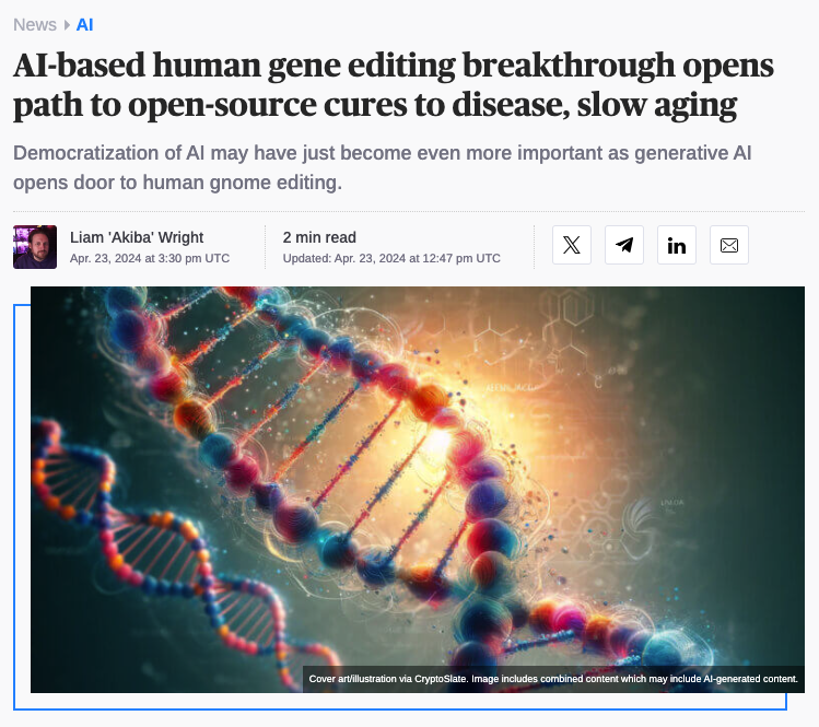 ICYMI: AI-based human gene editing breakthrough opens path to open-source cures to disease, slow aging Read the full article 👇