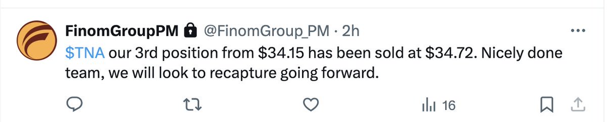You know how we do... On fire 🔥 Another long $TNA $34.15 sold $34.72. You can trade with me at finomgroup.com $RTY $QQQ $IWM $SPX $SPY $VIX