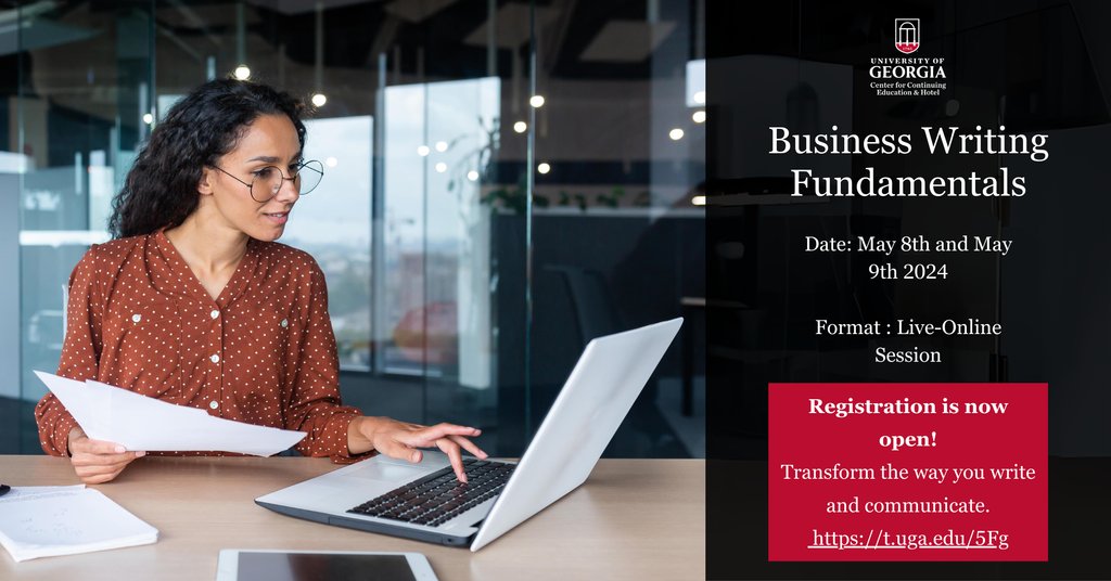 Transform your writing skills! Join UGA Business Writing Fundamentals May 8-9, 9 AM-1 PM ET. Live-Online. Master the art of concise and compelling writing in the workplace. Don’t miss out – Register now! t.uga.edu/5Fg #BusinessWriting #UGA #GACenter