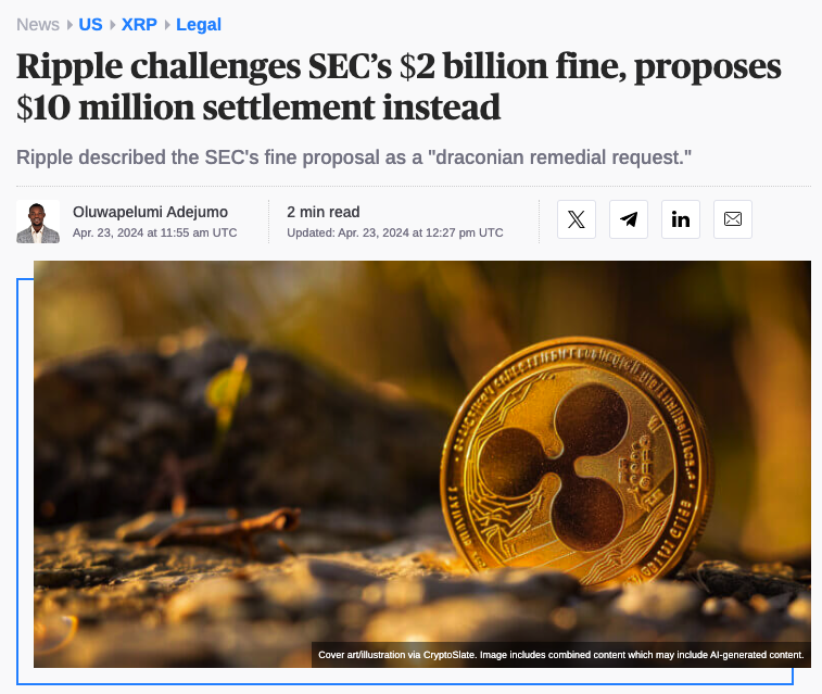 ICYMI: Ripple challenges SEC’s $2 billion fine, proposes $10 million settlement instead Read the full article 👇