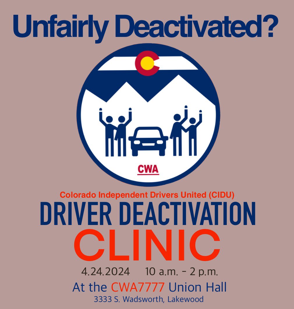 CODriversUnited's tweet photo. DEACTIVATION CLINIC TOMORROW!
CIDU-CWA 7777 is hosting another Deactivation Clinic for drivers tomorrow at the Union Hall, 3333 S. Wadsworth, in Lakewood. If you’ve been unfairly deactivated, we will try to help!
@cwa7777 #rideshare #ridesharedriver #uberdriver #lyftdriver #cidu https://t.co/PA3hP8mH4f