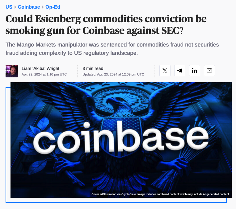 ICYMI: Could Esienberg commodities conviction be smoking gun for Coinbase against SEC? Read the full article 👇