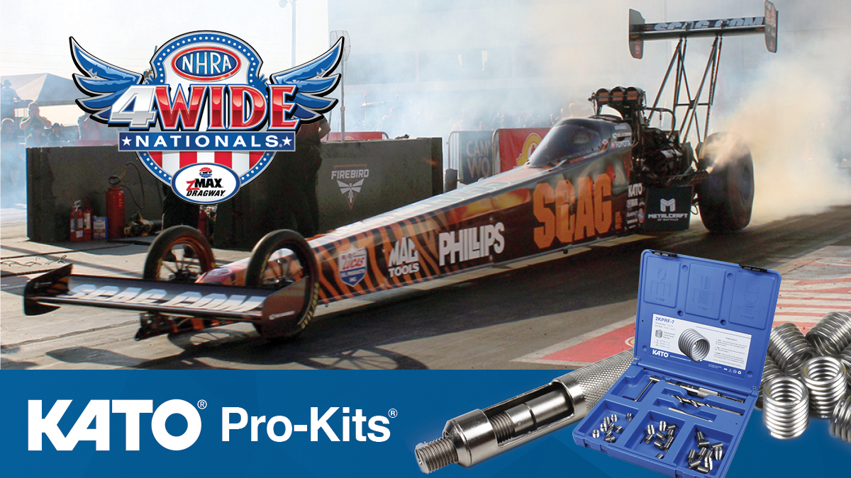 🏁Watch KATO sponsored @TheJustinAshley & his team @SCAGRacing @NHRA #FourWideNats. Speaking of four, there's four things you get when ordering KATO Pro-Kits: tap, drill bit, installation tool & Tangless inserts! shorturl.at/cdDMU 🔩#fasteners✈️ #aerospace 🏭#manufacturing