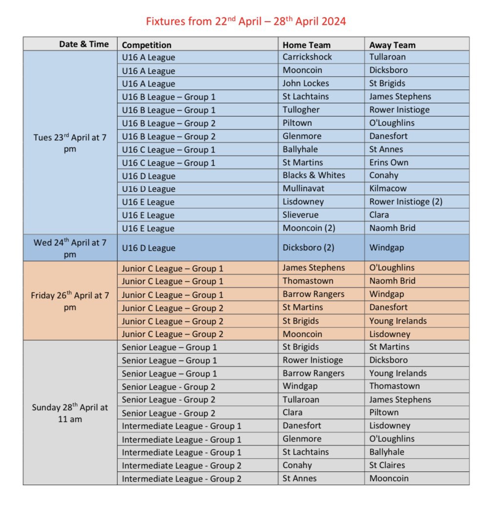 As our website is currently unavailable here are this week’s fixtures. Please check with home club for any time changes