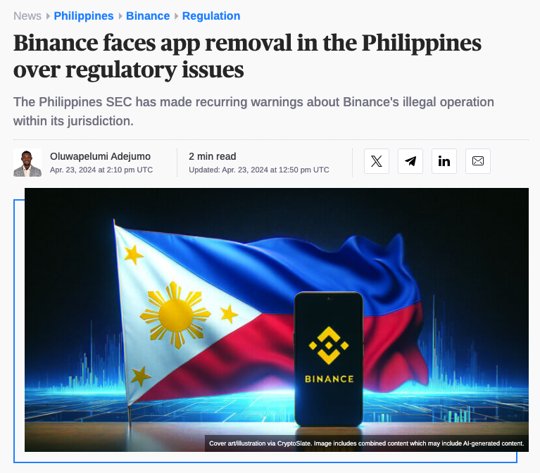 ICYMI: Binance faces app removal in the Philippines over regulatory issues Read the full article 👇