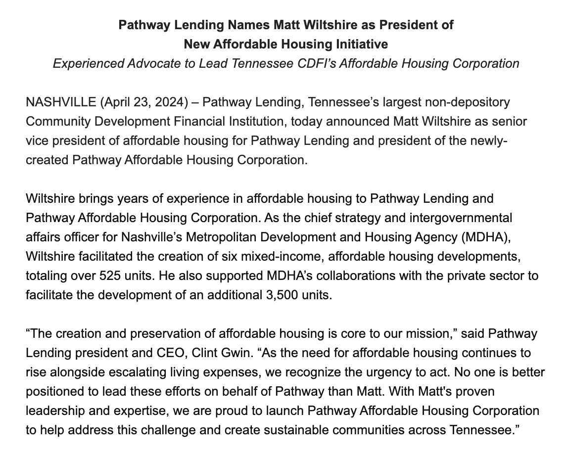 INBOX: Former Mayoral candidate @MattAWiltshire is the new SVP of Pathway lending and will lead their newly-created Pathway Affordable Housing Corporation, a new affordable housing initiative