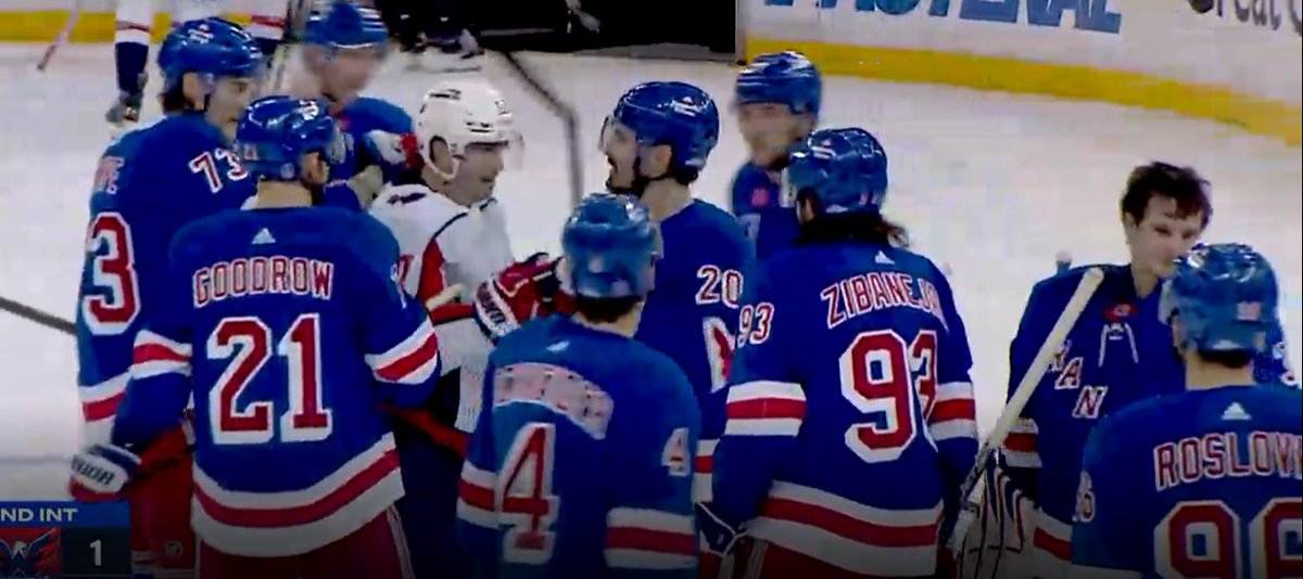 TomGulittiNHL's tweet photo. Asked Trevor van Riemsdyk this morning how he ended  up surrounded by almost the entire Rangers team at the of the second period in Game 1 and he said he was just getting to know everyone because it's going to be a long series. https://t.co/dLAFF5cDbA