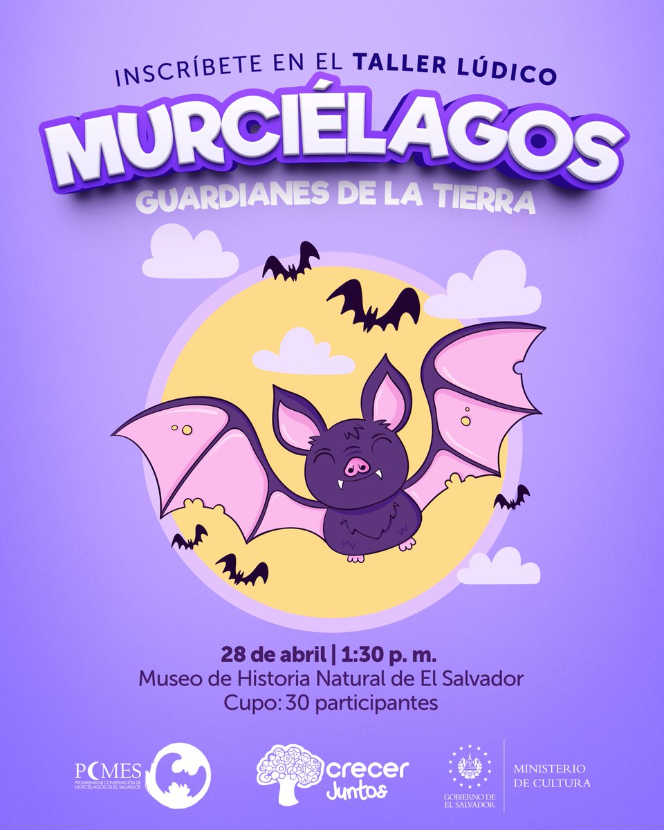 ¡Conozcamos sobre los Murciélagos!🦇 En el marco del Día Mundial de la Tierra te invitamos al taller lúdico 'Murciélagos, guardianes de la tierra'.🌎🍃 📲Inscripciones: bit.ly/3QgGJtY 📆Domingo 28 de abril |🕤 1:30 p. m. 📍Museo de Historia Natural de El Salvador