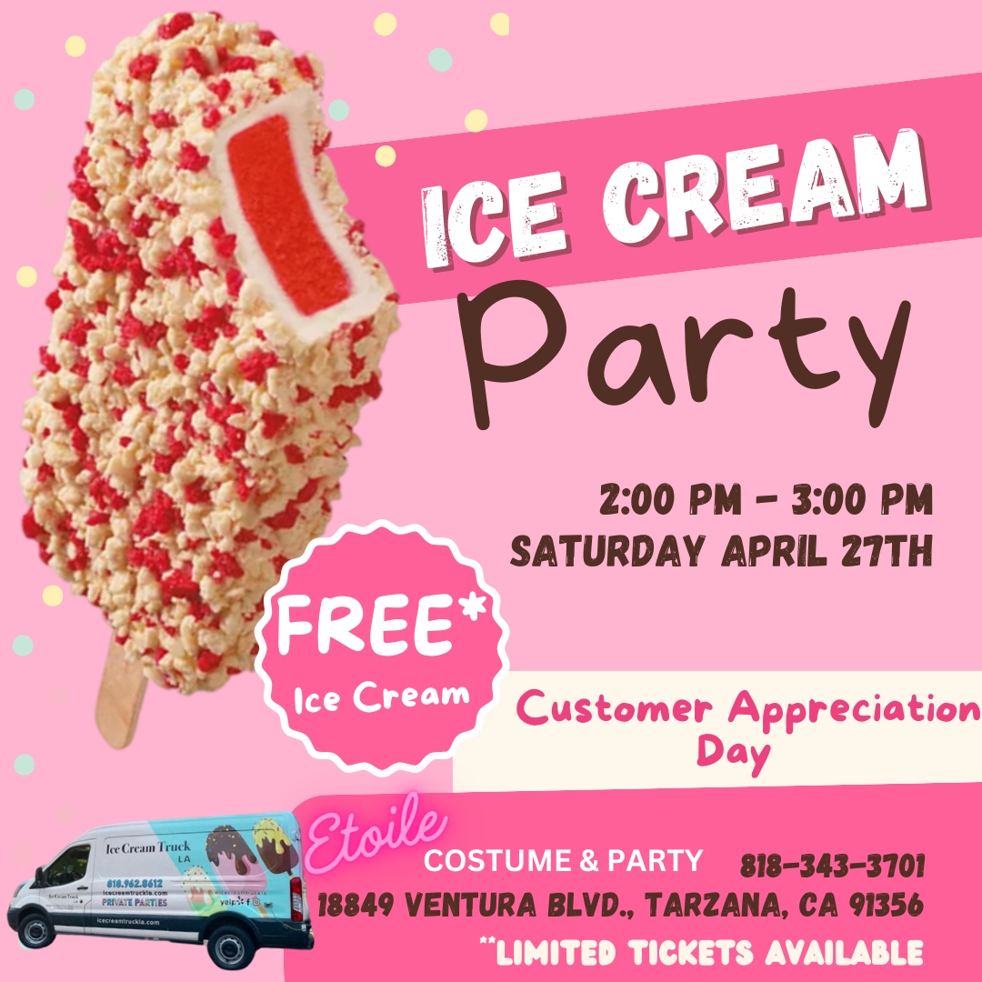 🍦Free Ice Cream and treats on Saturday April 27, 2024! 2pm-3pm! Ice Cream Provided by: @icecreamtruckla Limited tickets available. 1 Per Customer. Anyone under 18 must be accompanied with an adult. #CustomerAppreciationDay #IceCream #CostumeStore #IceCreamDay #FreeIceCream #🍦