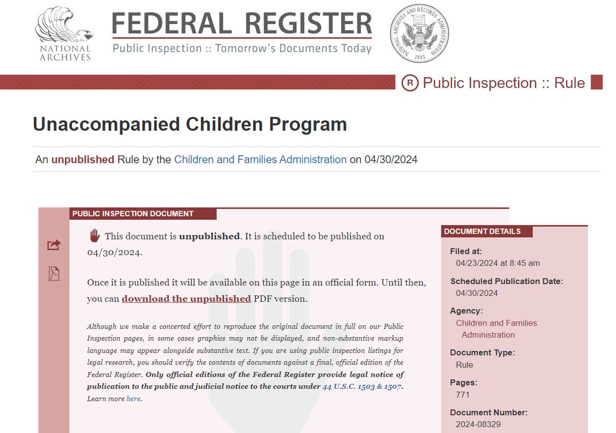 Unaccompanied immigrant children news: the enormous final rule implementing the 1997 Flores Settlement Agreement is out At 771 pages, it covers kid care by the Office of Refugee Resettlement federalregister.gov/public-inspect…