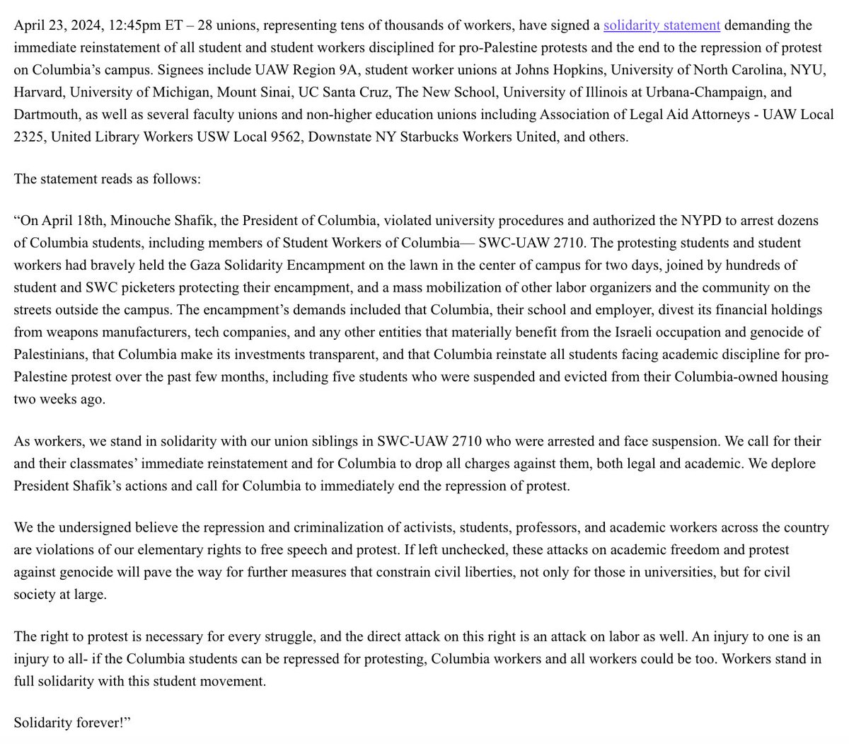 New: 28 unions—representing tens of thousands of workers—are demanding 'the immediate reinstatement of all student and student workers disciplined for pro-Palestine protests and the end to the repression of protest on Columbia’s campus.' 'An injury to one is an injury to all.'