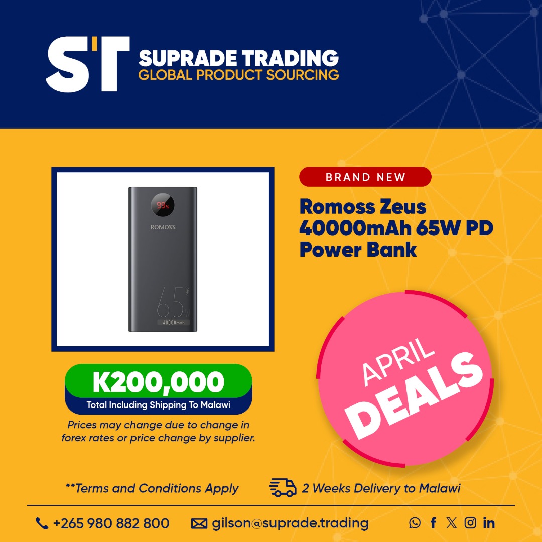 Elevate your tech game with our premium gadgets: heavy-duty power banks, gaming keyboards, immersive soundbars, and stunning 4K TVs.

Call or WhatsApp at +265 980 882 800. 

#SupradeTrading #AboveAndBeyond #GlobalProductSourcing