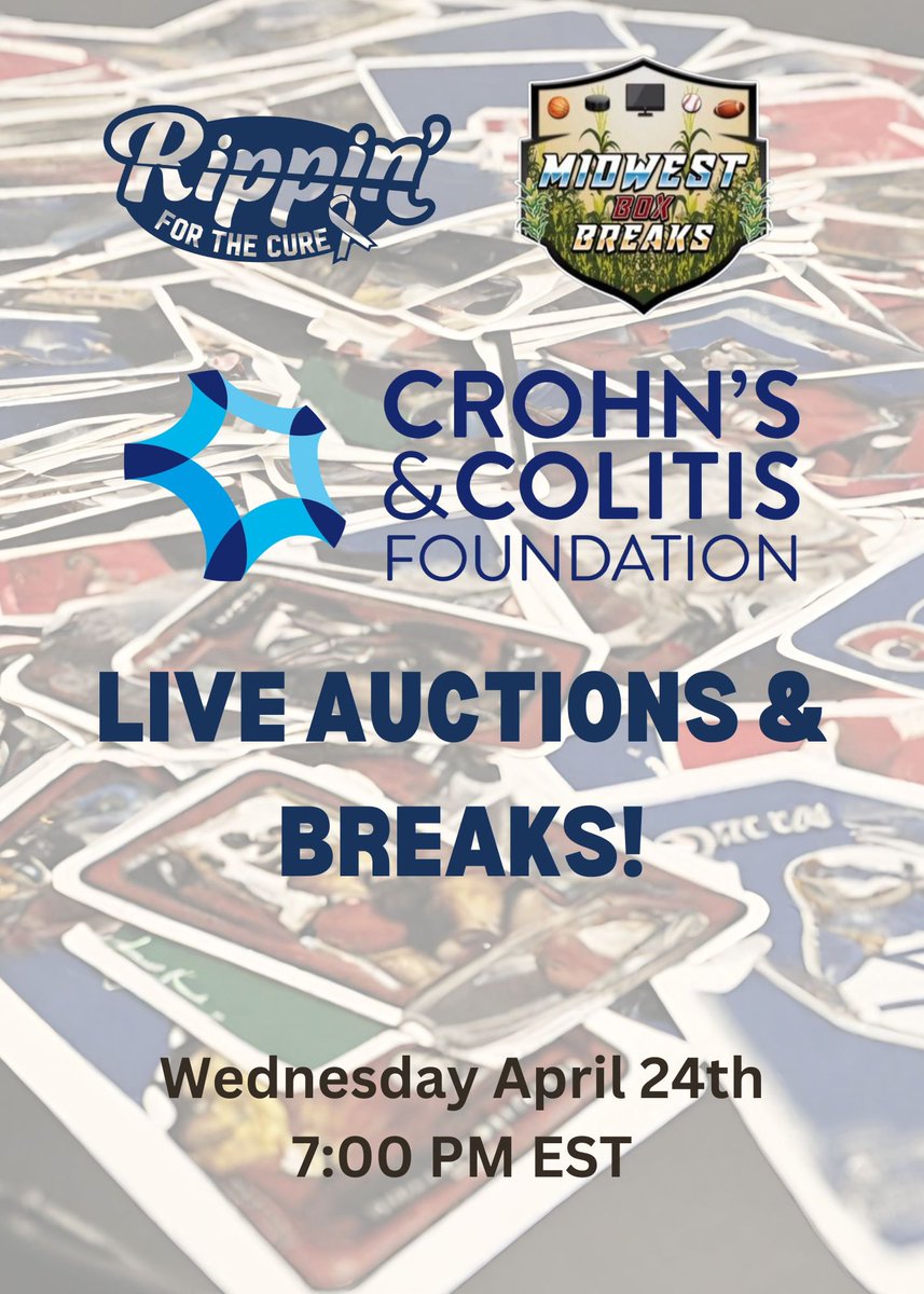 🚨MBB Fundraiser Night🚨

Wed. 4/24 7pm ET in MBB Marketplace
 
Rippin’ for the Cure to support 
Crohn’s and Colitis Foundation #RFTC

🖐️ 7-8: Live auctions (singles/items)
📦 8-9 Breaks/personals
🔥 9pm: 14 box auction break

Bid/see items and pre-bid👇
district.net/midwestboxbrea…