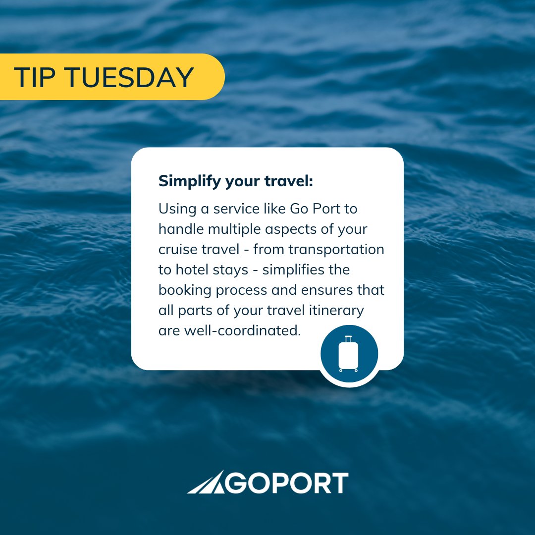 No more pre-cruise stress! Go Port ensures a coordinated, seamless journey to your ship without the hassle of multiple bookings! 🎟🛳️

#TipTuesday #GoPort #FlySnoozeCruise #TravelTip #CruiseTip #PortCanaveral #Cruise