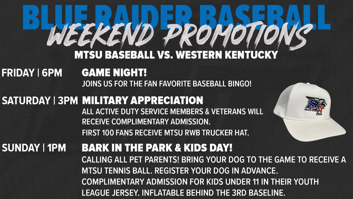 Join us this weekend at Reese Smith Jr. Field! ⚾️Baseball BINGO 🇺🇸 Military Appreciation 🐶Bark in the Park 🔗bit.ly/2024BarkInTheP… 🎟️bit.ly/MTSUtickets