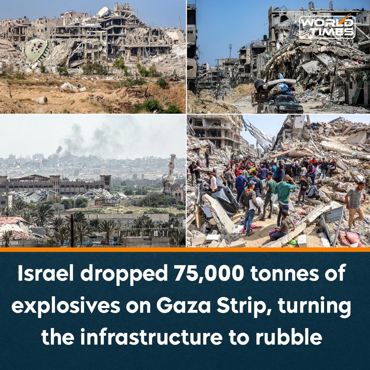 Israel’s military has dropped 75,000 tonnes of explosives on the Gaza Strip, turning the infrastructure to rubble. #Gaza #Palestine