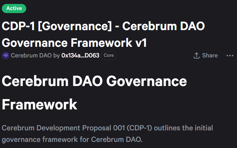 Snapshot is up and running and we are proud to present the first proposal CDP-1 [Governance Framework v1] Lots more announcements are coming your way, make sure to stay tuned! snapshot.org/#/cerebrumdao.…